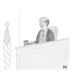 A judge sits at the bench holding a gavel.