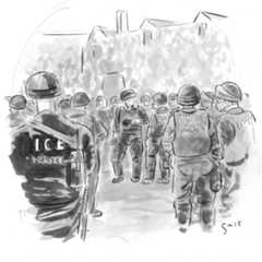 A group of uniformed ICE agents assembles outside an educational institution. One of them asks “What time did they say...