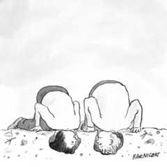 Two people have their heads buried in the sand.