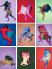 Blurry illustrations in a colorful 3x3 grid of people fighting each other.