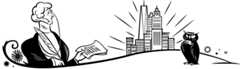 Talk of the Town Header with Eustace Tilly a manuscript New York City skyline and an owl.