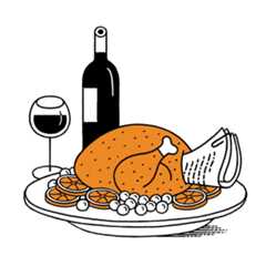 A turkey stuffed with a contract with a bottle of wine and a glass behind it