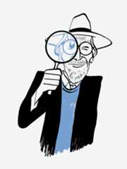Robert Crumb looking through a magnifying glass.