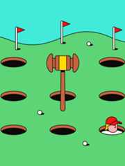 A whackamole game on a golf course with Trump popping up through the holes and a gavel trying to hit him