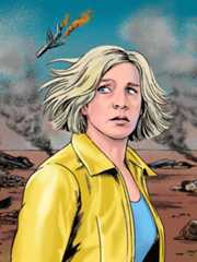 Woman wearing a yellow jacket in a dystopian background of corpses behind her.