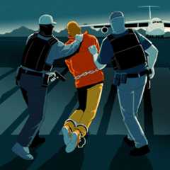 Man restrained and being dragged towards a plane.