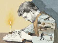 Shakespeare writing by candlelight with scenes of his son reflected in his sleeve