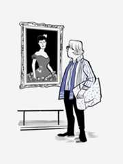 Person looking at a painting of a woman in a dress.