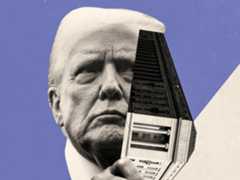 Donald Trump holding the D.O.J. building in his hand.