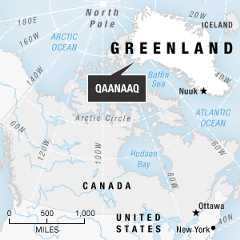 Locator map pointing out Qaanaaq, Greenland, in relation to Canada and the United States.