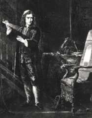 Sir Isaac Newton under et av sine eksperimenter med analyse av lys.