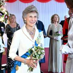 Dazzling in diamonds: The Duchess of Gloucester glitters in Queen Mary's Honeysuckle Tiara as she welcomes President Macron to London Guildhall