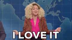 Heidi Gardner dressed in fashion in SNL's Weekend Update enthusiastically saying 'I love it!'