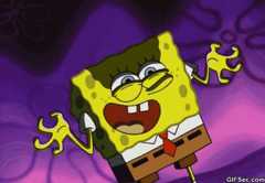 Spongebob laughing evilly over dramatic purple-lit black underwater sky