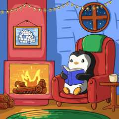 Cartoon penguin in holiday attire happily reading by a fire
