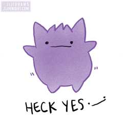 Cute drawn Gengar-like creature dancing to the caption 'heck yes'