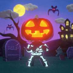 Cartoonish skeleton with an oversized glowing jack-o-lantern head, dancing in a nighttime cemetery