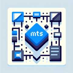A simple 8-bit style image shows a blue file icon marked ".mts" linked with dotted lines to two other file icons: a dark gray one representing JavaScript and a light gray one for TypeScript. All icons are arranged on a plain white background with a geometric arrow indicating import, using blue, gray, black, white, and yellow. The design is flat, highly simplified, without people or text, and measures 128 by 128 pixels.