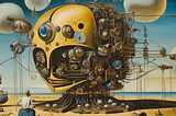 A giant gold machine face with a thousand eyes and pipes sits in the middle of desert with a human figgure sitting below it