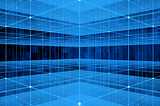 Abstract tech graphic resembling a 3D blue gridded structure.