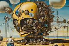A giant gold machine face with a thousand eyes and pipes sits in the middle of desert with a human figgure sitting below it