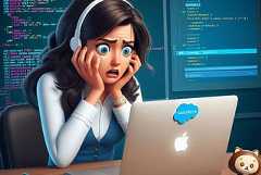 Frightened Salesforce Consultant in front of MacBook (AI generated image using DALL·E 3)