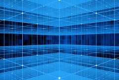 Abstract tech graphic resembling a 3D blue gridded structure.