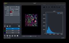 Screenshot of the napari viewer showing the napari-matplotlib histogram widget on the right hand side of the screen.