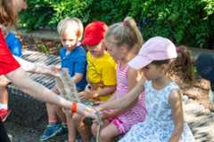 Four kids seated on a bench touch a snake skin held by a Zoo educator