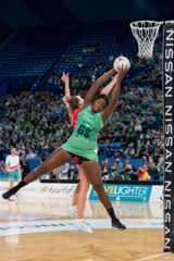 Jhaniele Fowler takes a feed under the post. Image: Clinton Bradbury