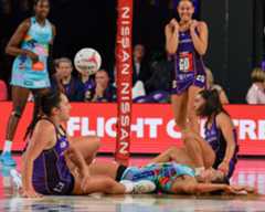 'Parmy Sandwich'. Amy Parmenter was left shocked after a heavy collision from Macy Gardner and Abigail Latu Meafou. Image: Kylie de Souza