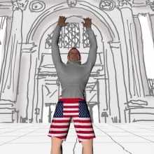 A cartoon image shows a man in American-flag pants in front of a black-and-white drawing of a museum