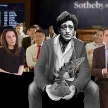 A photomontage combining a Sotheby’s auction scene with a grayscale cutout of artist Alberto Giacometti seated in the foreground, holding one of his signature elongated bronze sculptures. Behind him, a digitally collaged audience watches intently, some clearly sourced from different photos.