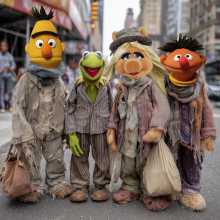 A group of Muppet characters — Bert, Kermit, Miss Piggy, and Ernie — stand on a city street dressed in tattered, mismatched clothing resembling Depression-era attire. The background shows an urban setting with traffic and pedestrians.