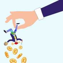 A digital illustration of two large hands shaking small characters upside down. The character on the left is an artist, wearing paint-splattered clothes and holding a palette and brush, while coins fall out. The character on the right is a businessperson holding a gavel, also being shaken for coins. Coins with pound symbols scatter below each figure.