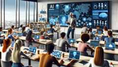 a stylish, colorful illustration of a lecturer addressing a college classroom that's dominated by digital screens and other advanced technology