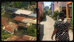two images set side by side to show the contrast between different housing in Bangkok, Thailand. On the left is rundown housing on stilts in the water; on the right is a new upgraded neighborhood made possible by the government's 