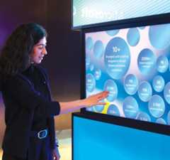 A woman interacts with a large touchscreen display showing data visualizations and statistics related to AI projects and cybersecurity, including circular infographics with numbers and text.