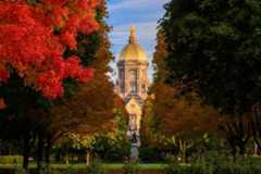 Main Building is framed by colorful trees in the fall.