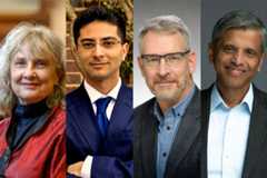 Four headshots side by side feature a blonde woman in a red top, a man in a navy suit and tie with dark hair and glasses, a man with gray hair and glasses in a gray jacket and blue shirt, and a man with black and gray hair in a dark gray jacket and light blue button down shirt