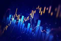 Digital display of financial data featuring glowing blue bar graphs, orange candlestick charts, and multiple line graphs with numerical values, overlaid on a dark blue background with a subtle world map.