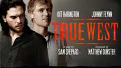 Two men with contrasting hairstyles pose against a muted background, promoting the play True West.