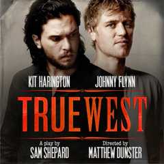 Two men with dark and light hair, promoting the play 'True West'.