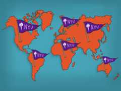 An illustration of a map of the world with six purple N.Y.U. logo pins placed in each inhabited continent.