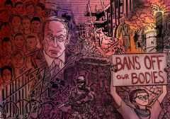 An illustration of a collage of different scenes, such as a war zone, the face of prime minister of Israel Benjamin Netanyahu and a person holding a sign that says "BANS OFF OUR BODIES."