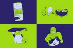 A collage of various N.Y.U.-specific illustrations in green and blue.