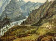 Painting of mission station set on the banks of a river