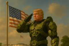 Illustration of President Donald Trump as Master Chief from the video game Halo.