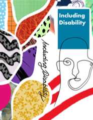 A collage of bright abstract patterns with colours of red, purple, green, and gold frame a hand drawn face with looping black lines. Above the face reads the title of the Journal Including Disability. This is also handwritten in beautiful cursive vertically at the centre of the page, overlapping with the colourful cutouts