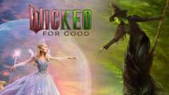 A blonde woman in a pink gown and crown reaches out with a wand toward a green-skinned woman in black. They're set against a magical landscape at sunset.